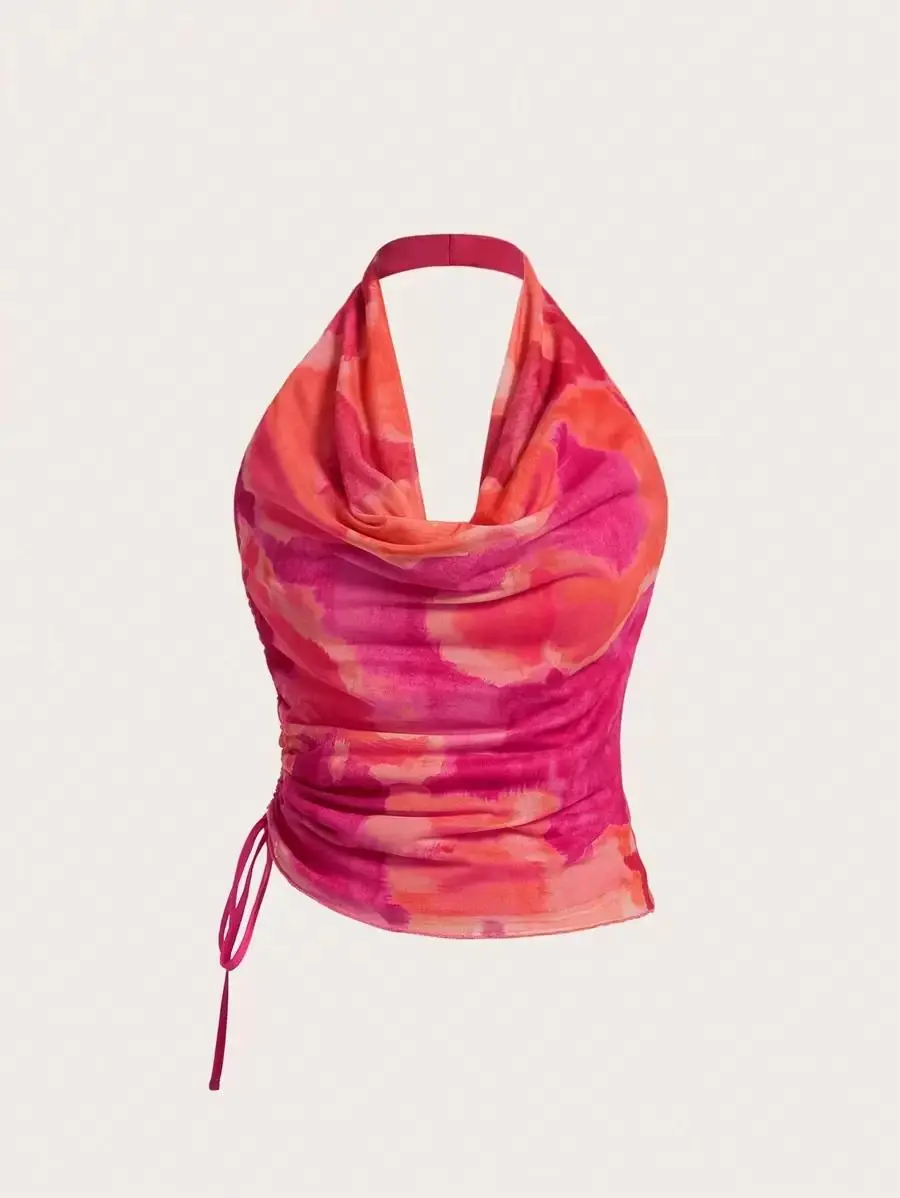 BOHECO Tie Dye Draped Front Drawstring Side Halter Top