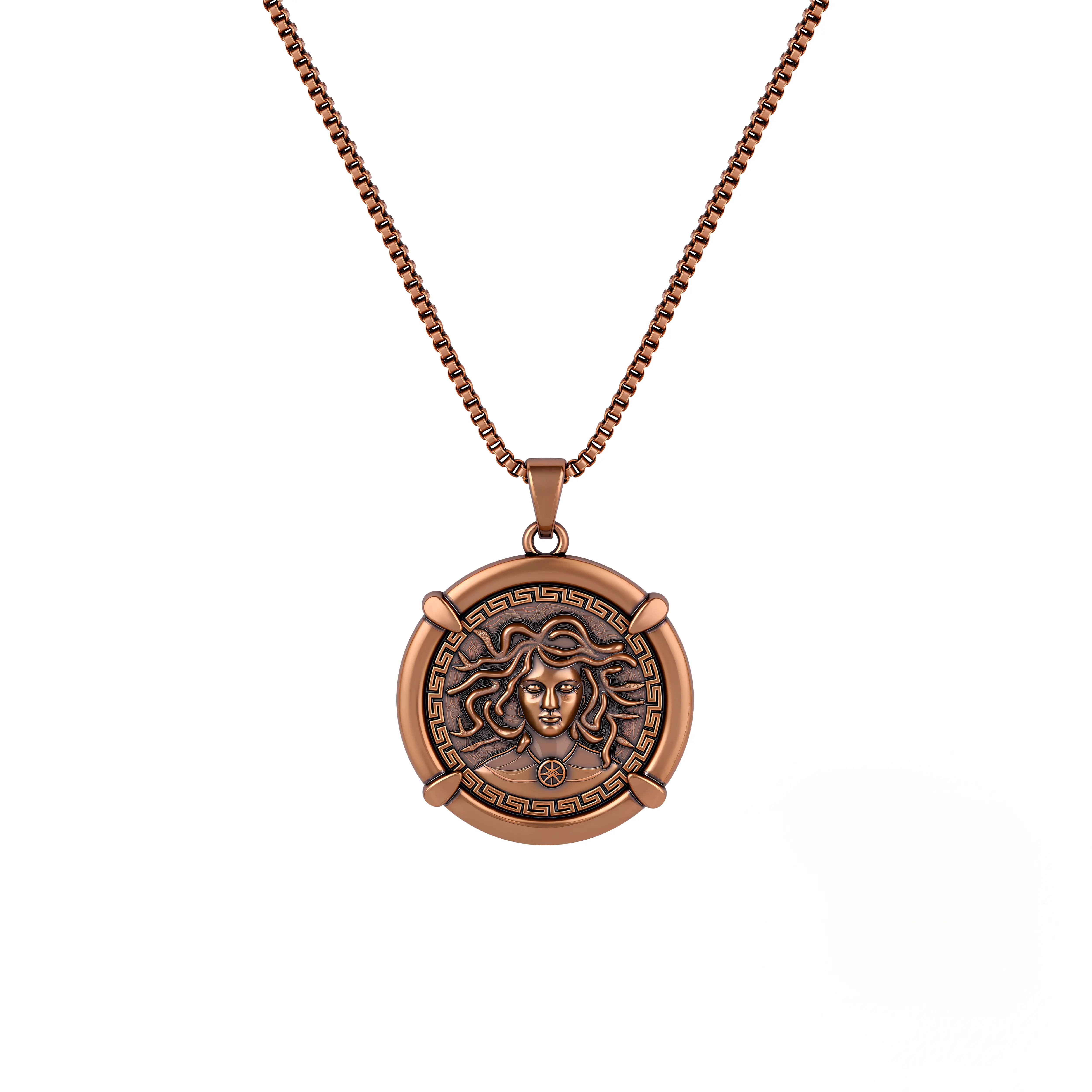 Women's Vintage Medusa Pendant Necklace, Greek Mythology Statement Jewelry, Solid Copper Goddess Necklace with Classic Round Charm, 18 Inch Box Chain