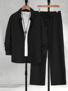 [Drape Stripe Shirt Set]Vertical Stripe Slim Fit Long Sleeve Black Casual Business Style Breathable Skin-Friendly Fabric 18-45 Years Old Urban Men Daily Commute/Business/Casual Versatile Outfit