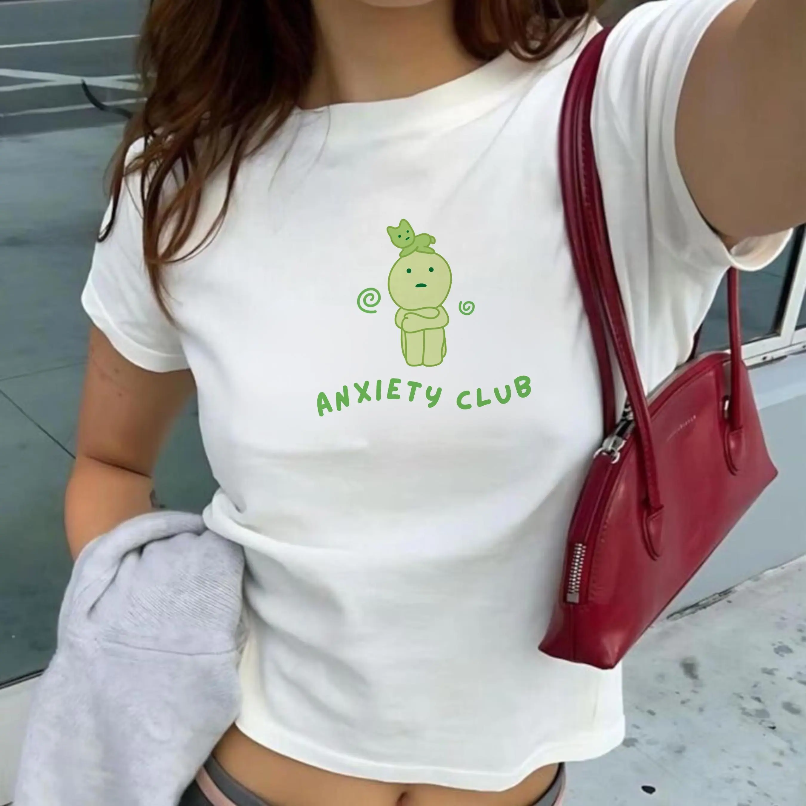 Cute Smiski Baby Tee Y2k 90s Anxiety Shirt Gift Mental Health Graphic Tee Homebody Club Japanese Streetwear Kewpie Sonny Angel Green Guy Tee