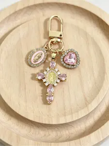 1PC Rose Gold Virgin Mary Medallion Cross Keychain, Heart Crystal Charms, Perfect Religious Gift for Confirmation, Communion & Holidays