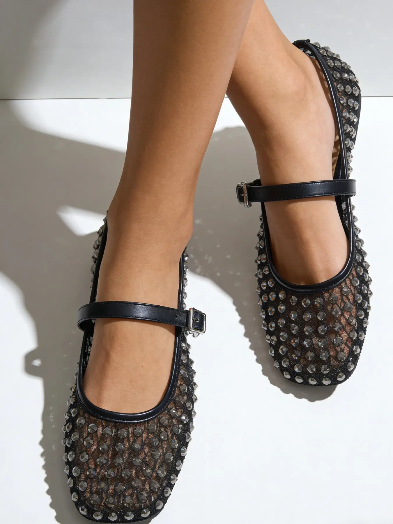 Sparkling Rhinestone Mary Jane Women Shoes, Glittering Mary Jane, Hollow Out Mesh Material, Breathable Summer Footwear, Vintage Elegance Design, Soft Rubber Sole, Casual Wear, Shoes Flats