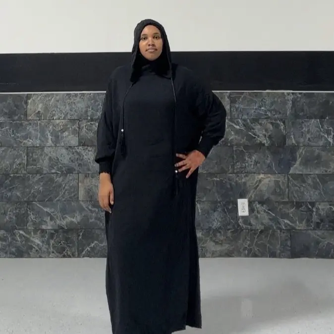 Polka dot Hoodie Abaya with Hat - Casual Modest Dress with Pockets NCA005 in Lightweight Acrylic Fabric with Drawstring Hood & Side Pockets