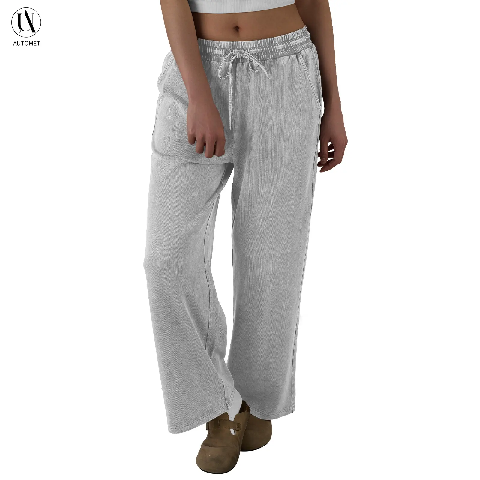 AUTOMET Women's Oversize Acid Wash Finish Wide-Leg Brushed Inside Androgynous Pants, 100% Cotton Brushed Fleece Effortless Lounge Pants with Elastic Waist and Pockets, Effortless Pants