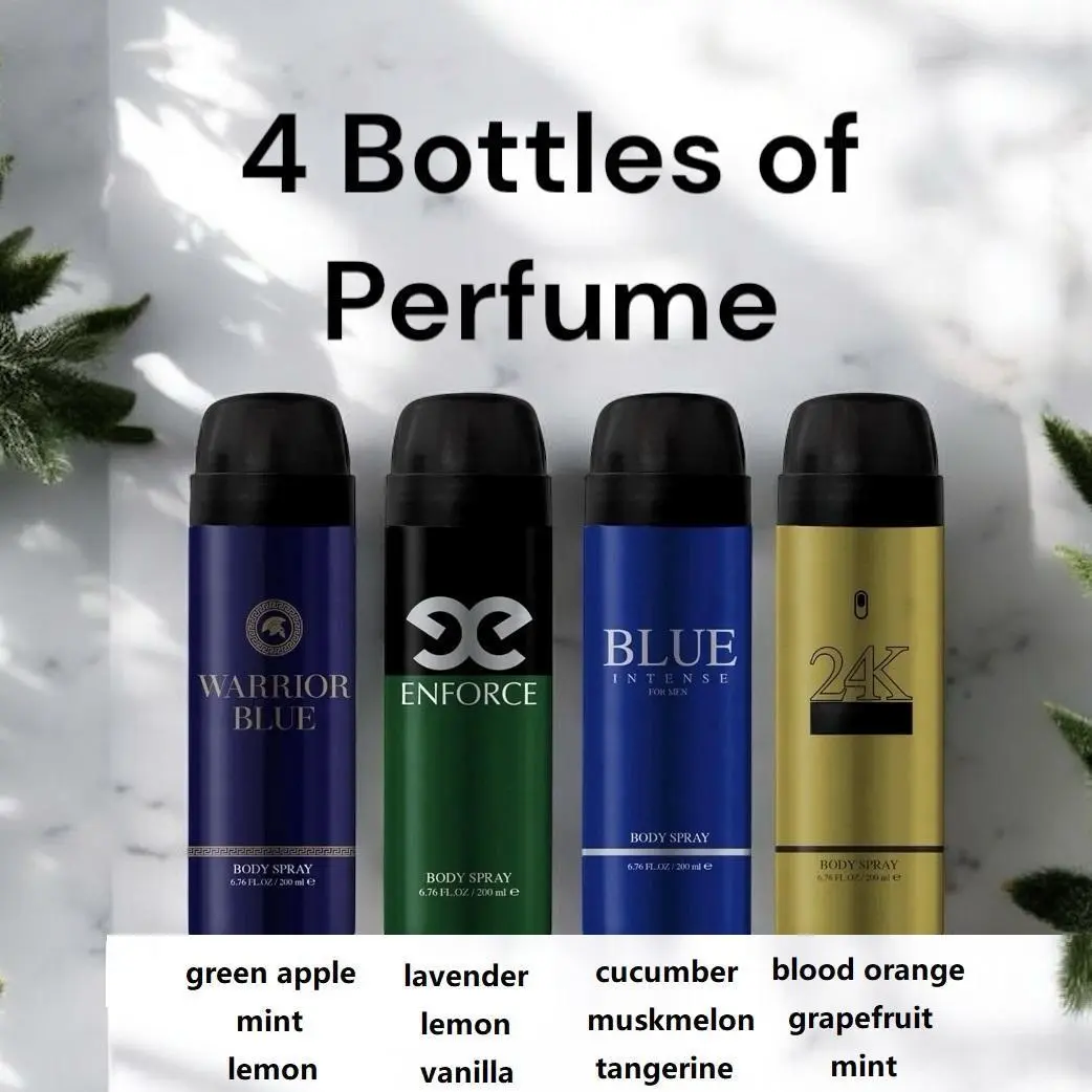 Men's 4-Piece Body Spray Set Fragrance Gift Box with Citrus, Fruity & Vanilla Notes - Includes Warrior Blue, Enforce, Blue Intense & 24 Golden