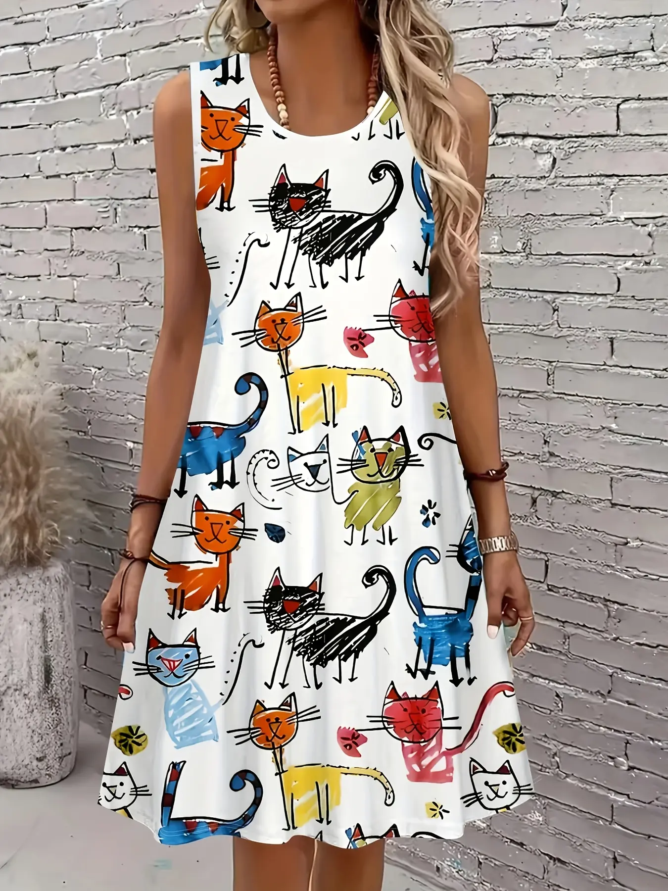 Women's Sleeveless A-line Skirt - Round Neck Short Summer Casual Fashionable Dress, A Line Sundress, Colorful Cat and Claw Print Pattern Design, Lightweight and Breathable Fabric Suitable for Spring and Summer Wear, Machine Washable for Casual Dressing