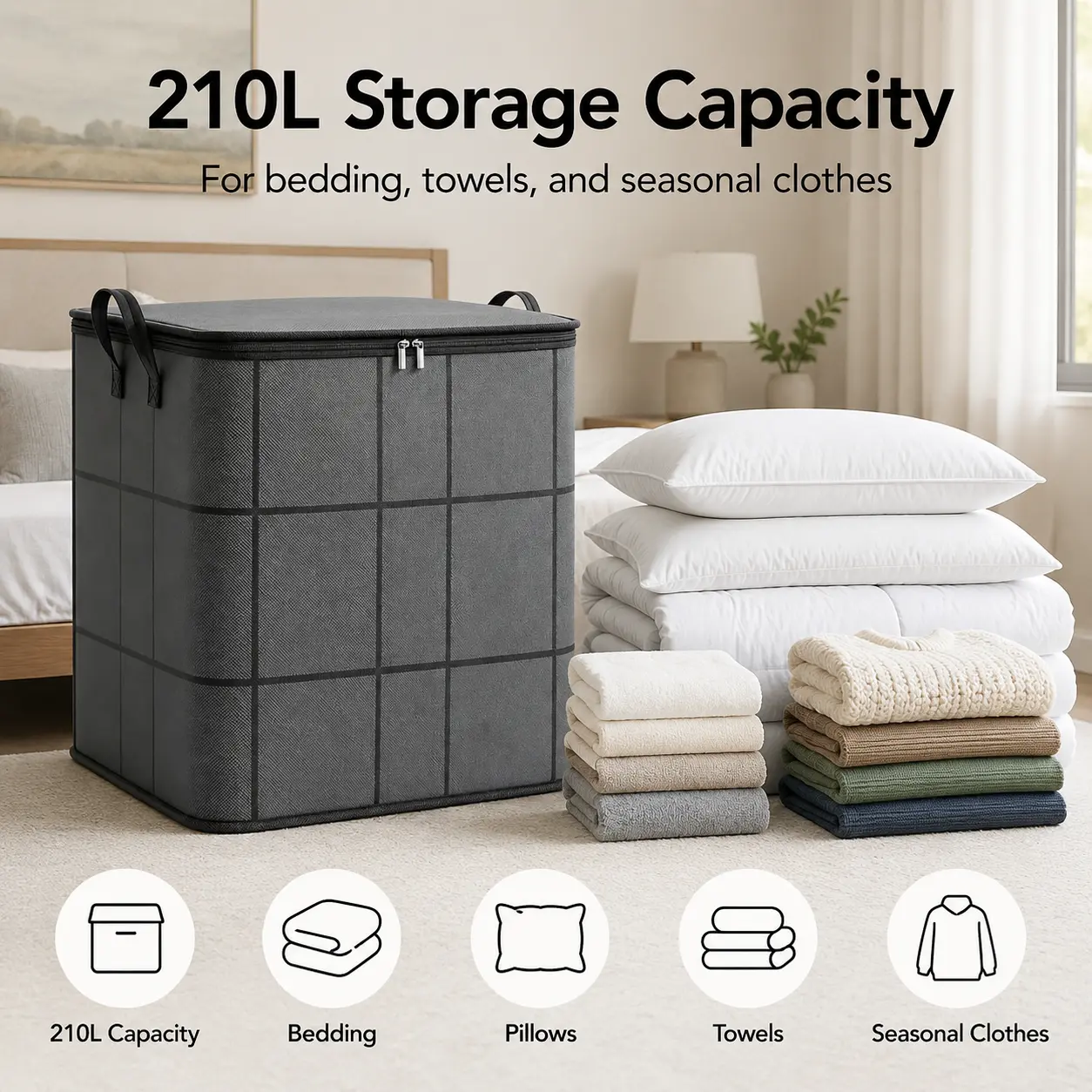210L Structured Fabric Storage Bin with Zipper Lid, Side Carry Handles, 60×50×70cm Household Clothes Organizer Boxes for Bedroom Closet, Laundry, Metal