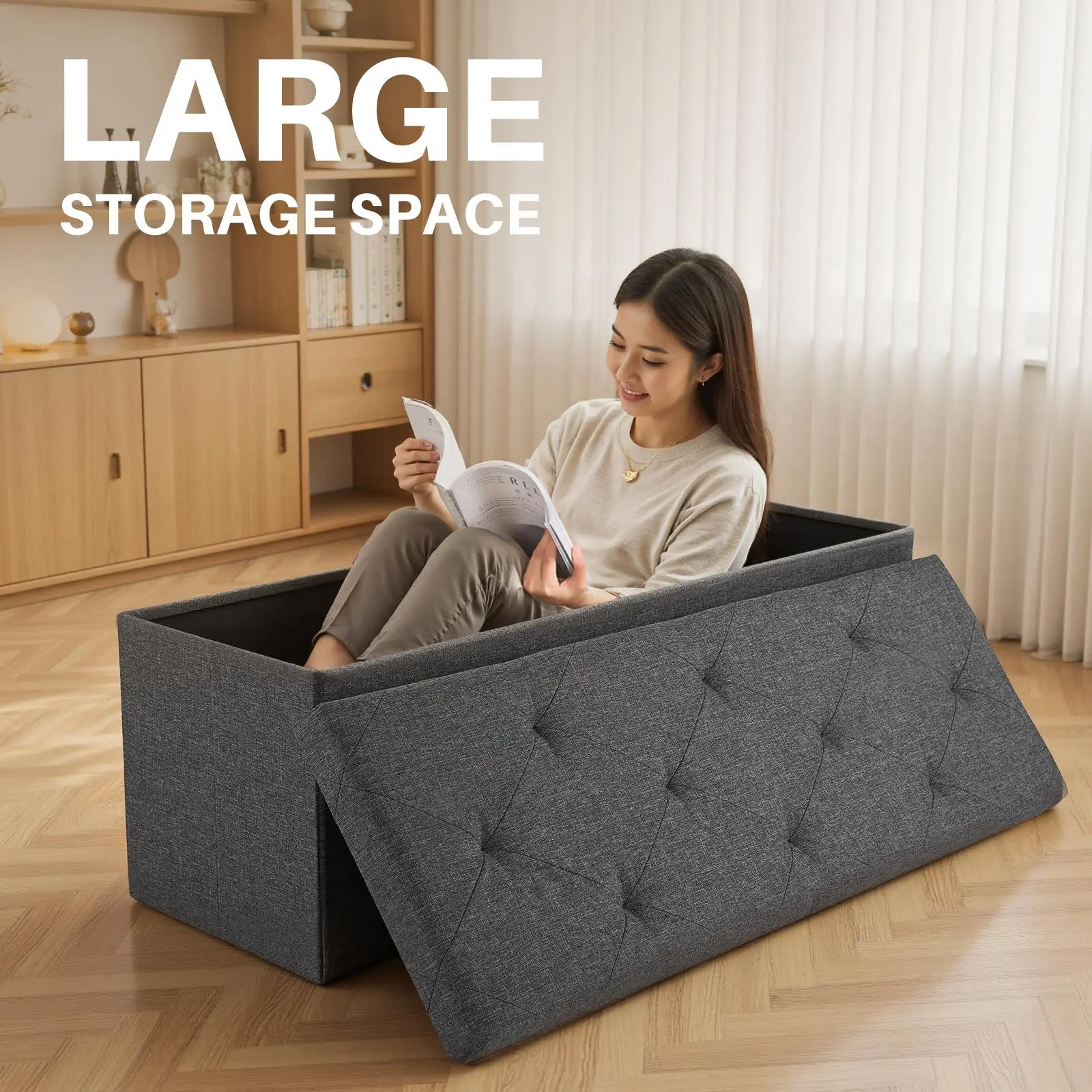 【Summer Sale】Folding Storage Ottoman Bench, Foot Rest Stool with Padded Seat, Large Toy Box Storage Chest with Seatin, Holds up to 660 lb