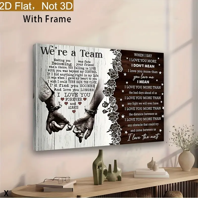 2D Flat Framed Artistic Couple Canvas Painting with Warm Text - Wooden Frame Wall Poster, Star-Infused Romantic Decor, Wedding Vow Wall Accent, Couple Anniversary Gift (Bedroom, Living Room)