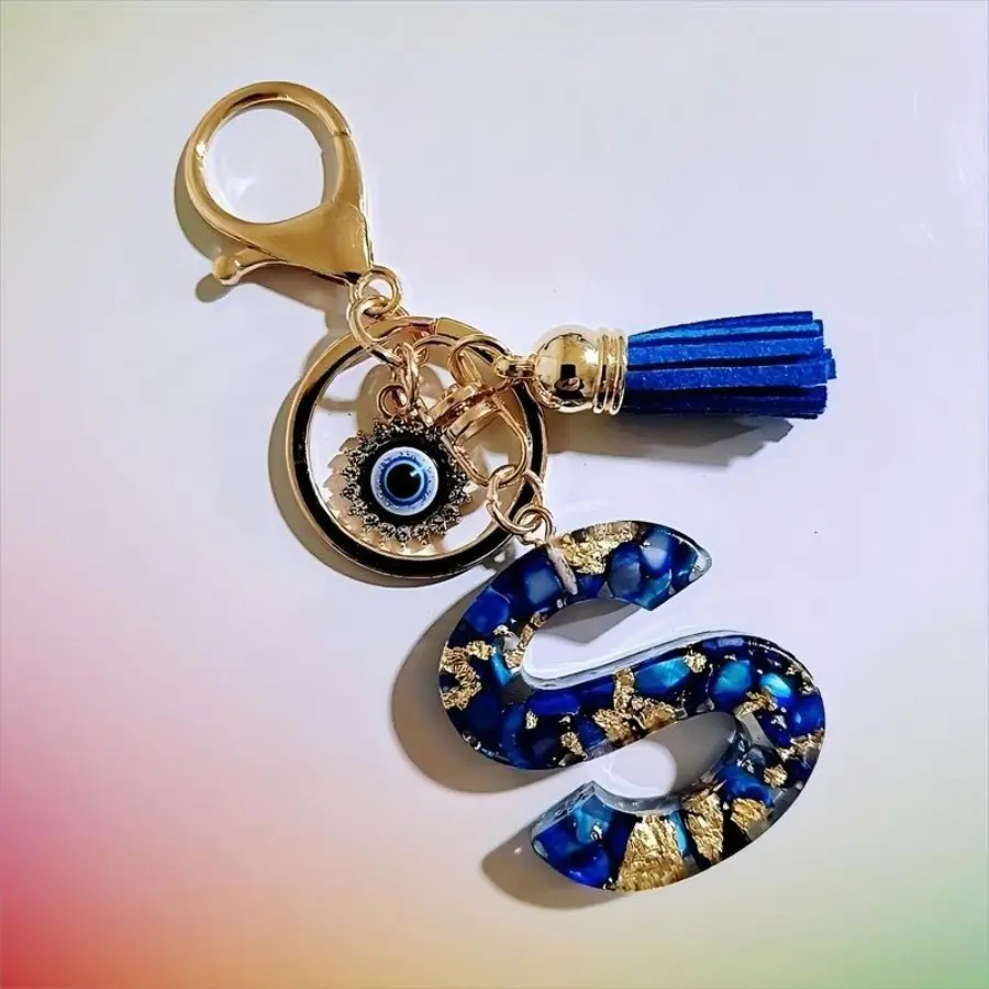 Women's Fashion Blue Resin Evil Eye Letter Charm Keychain with Tassel - Hypoallergenic Costume Jewelry, Bag Charm, Friendship Pendant Keychain, Cute Accessory, Bag Charms, Charm Keychains