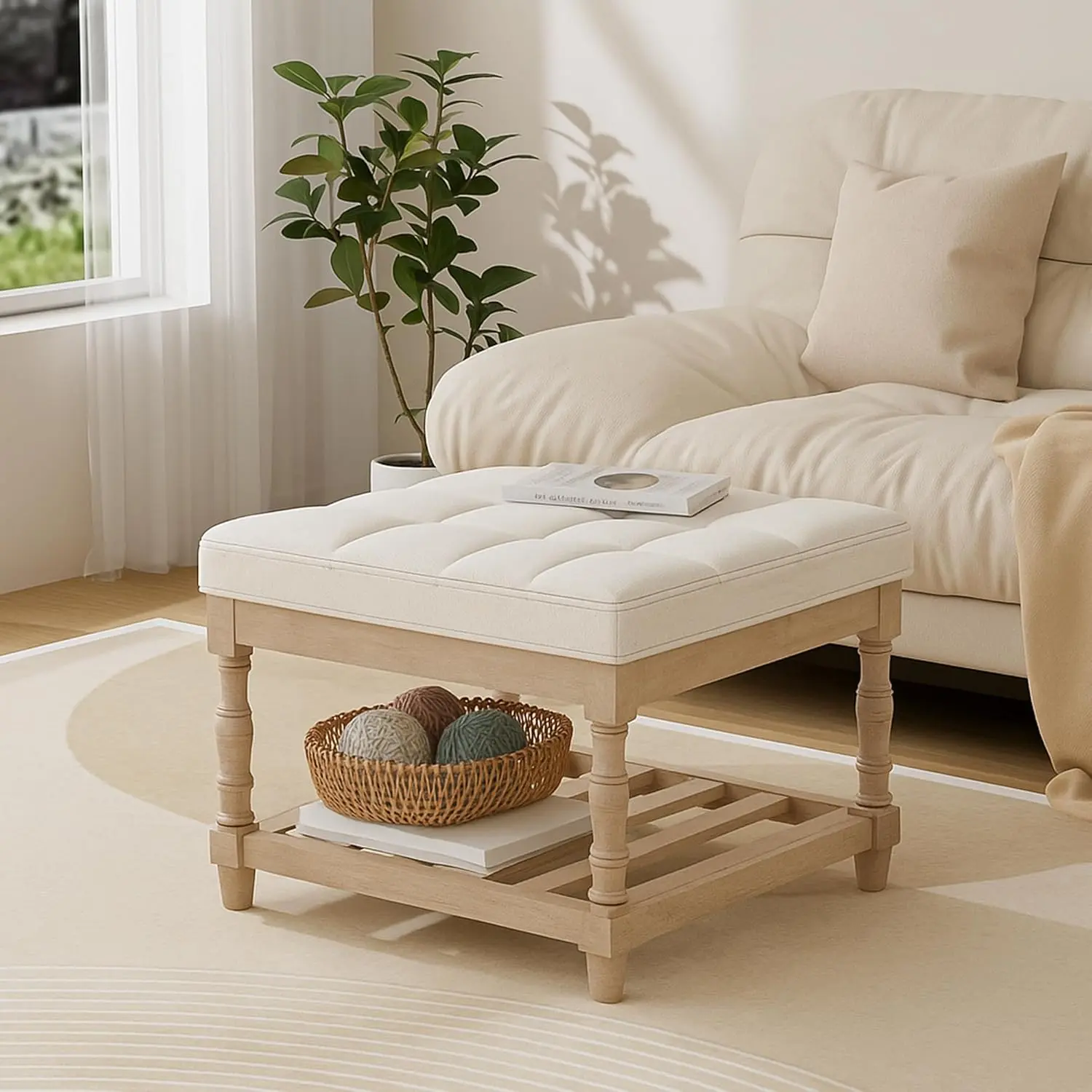 UEV 3-in-1 Mid-Century Modern Square Ottoman Coffee Table - Upholstered Tufted Linen Cover with Foam, Solid Wood Roman Column Legs, Footrest, 2-Unit Flexible Use, Open Storage Space, 250lb Load Capacity, Quick Set-Up, Small House Living Room Furniture