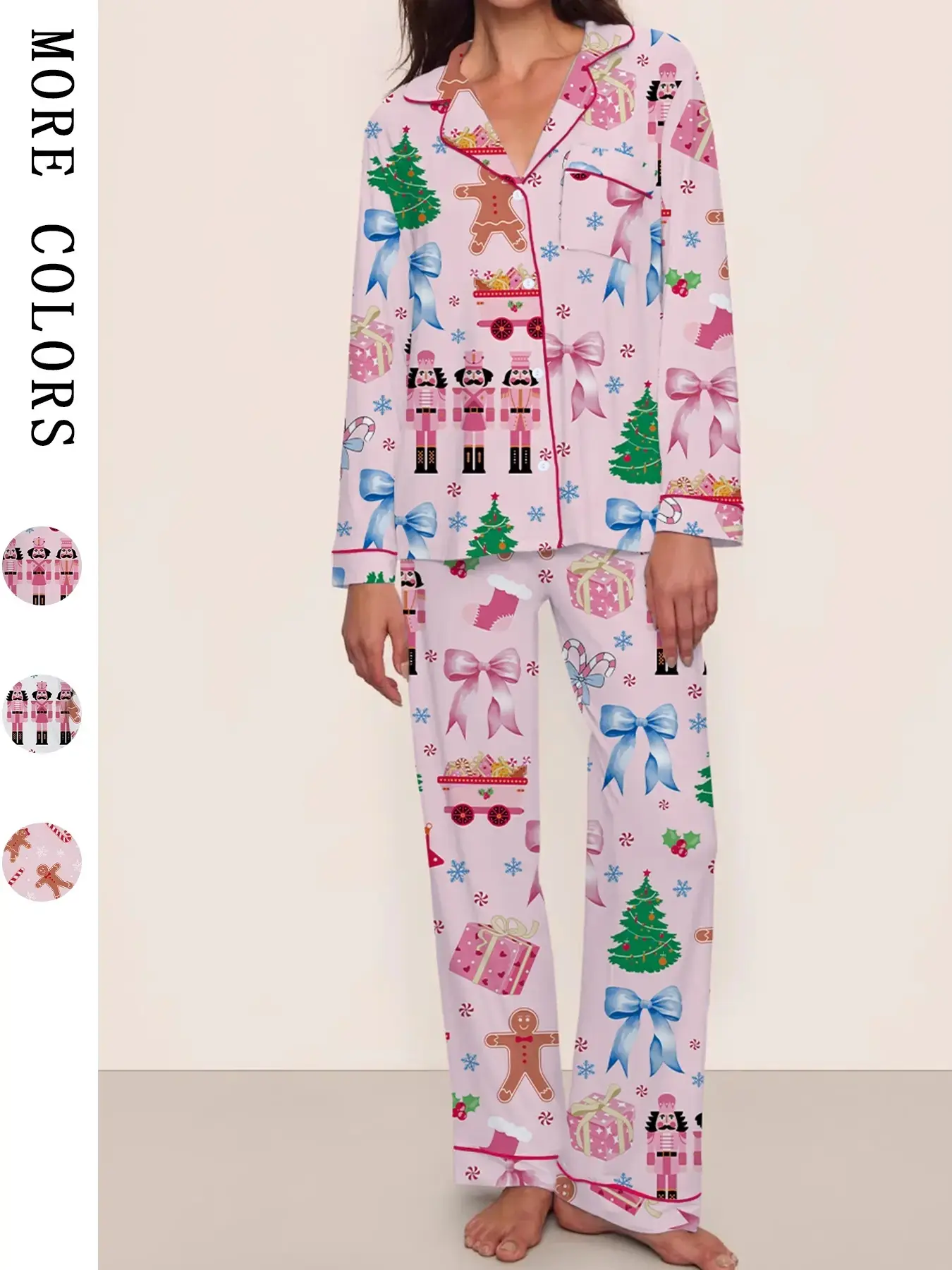 [Christmas Pajamas]Women's Christmas Pajama Set, Elegant Nutcracker Bow Knot Design, Long Sleeve & Pants, Comfortable Fall Winter Sleepwear Loungewear