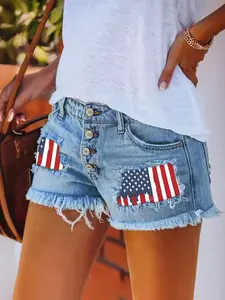 Women's Summer Independence Day Sexy Denim Shorts, Frayed Hole Streamer Design, Button Fly, Mid Waist, Casual Fashion