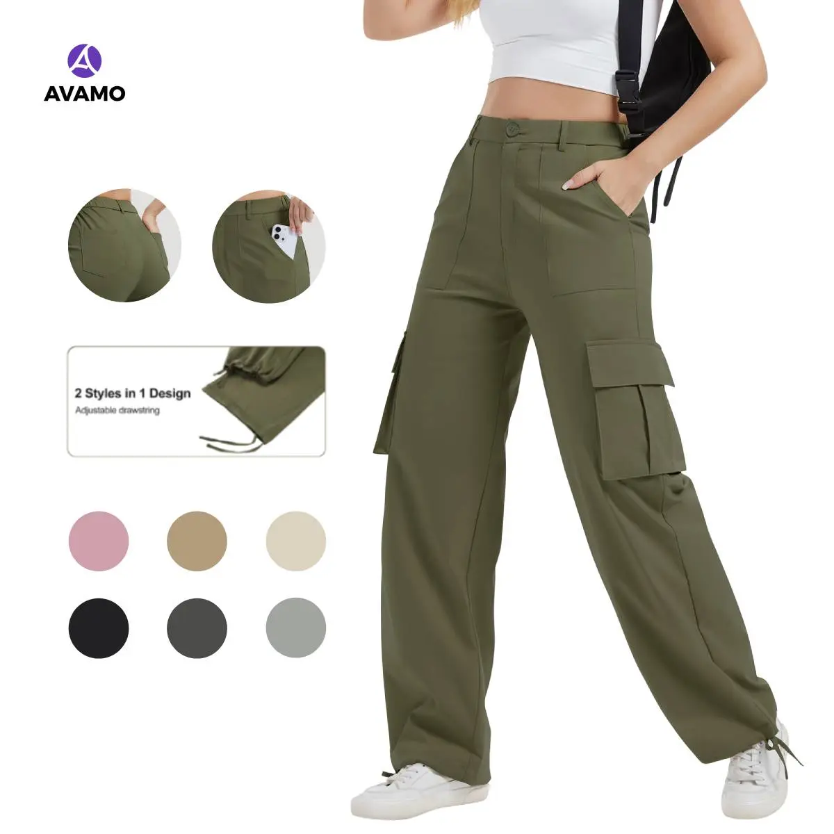 Avamo Women's Stretch Cargo Pants High Waisted Wide Leg Utility Pants with 6 Pockets Elastic Waist Adjustable Drawstring Cuffs Lightweight Casual Streetwear Pants