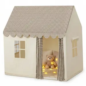 Apojungle Kids Play Tent House with Quilted Mat, 44"x45" Spacious Indoor Playhouse for Toddlers, Beige Gingham Kids Tent for Bedroom
