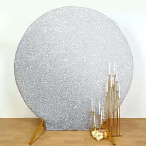 Silver Metallic Shimmer Tinsel Spandex Party Photo Backdrop, 2-Sided Round Wedding Arch Cover 7.5ft