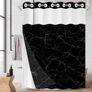 1pc hookless shower curtain with buckle lining, black and white crackle textured pattern design, 2D flat printing, fabric waterproof lining, see-through double-layer shower curtain, 71 x 74 inches, modern home draping curtain, Bathroom Curtain
