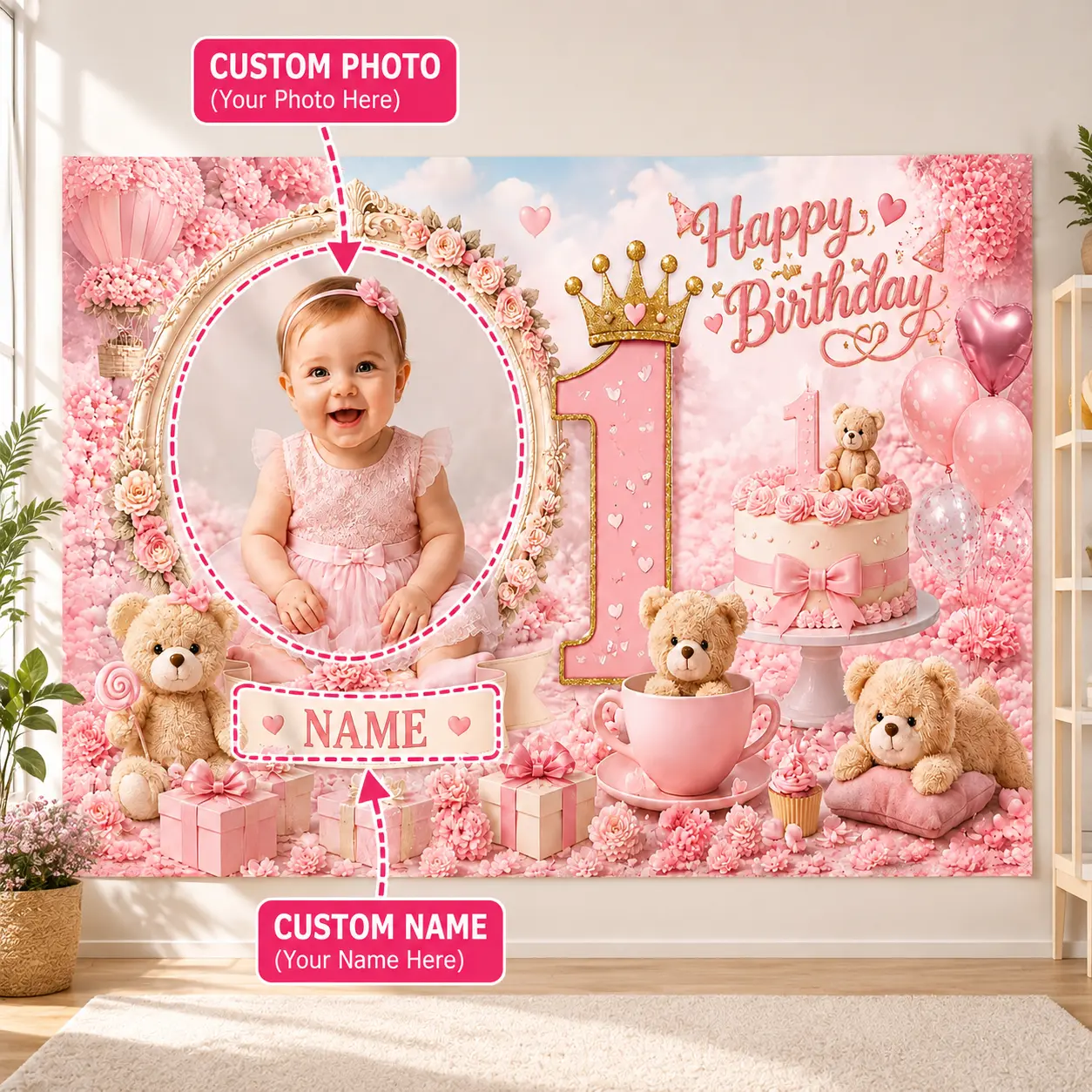 Custom Floral Photo Name 1st Birthday Backdrop, Festive Decor Banners for Baby Girl Party Supplies, Magical