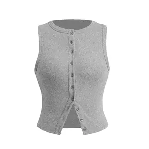 Women's Basic Solid Color Round Neck Sleeveless Button-Up Tank Top, Comfort Casual Loose Slim-Fitting Top for Summer Daily Streetwear Holiday