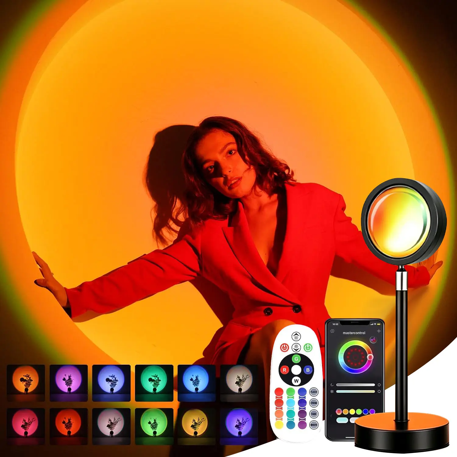 ISUNMEA Sunset Lamp with APP & Remote Control,Multi-Coloured Night Light 360° Rotation Rainbow 4 Modes Setting for Photography/Selfie/Party/Home/Living Room/Bedroom Decor, Gifts Women Led Color Changing Ambient Lighting Multifunctional