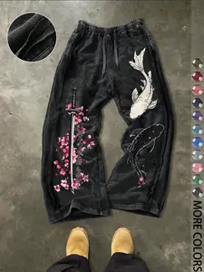 Men's Casual Loose Cotton Sport Pants, Graphic Print, Drawstring Waist, Long Regular Fit, Street Style, Ideal for Daily Wear