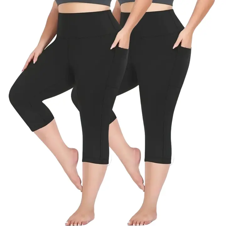 Women's High Waist Leggings 2 Pack, Buttery Soft Plaid Polyester Blend Casual Gym Capris with Pockets for Yoga & Workout, Casual Gym Leggings, Plus Size Fashion, All Seasons, Super Elastic, 5 Sizes Available, Activewear For Fitness, Gym Exercise Activewea