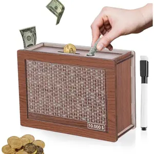 10000 Savings Challenge Savings Box, Cash Vault Portable Wooden Money Target Box, Wooden Piggy Bank Coin Bank with Counting Target, The Best Gift for Boys, Girls, and Friends (Light Brown) cash vault wooden saving box