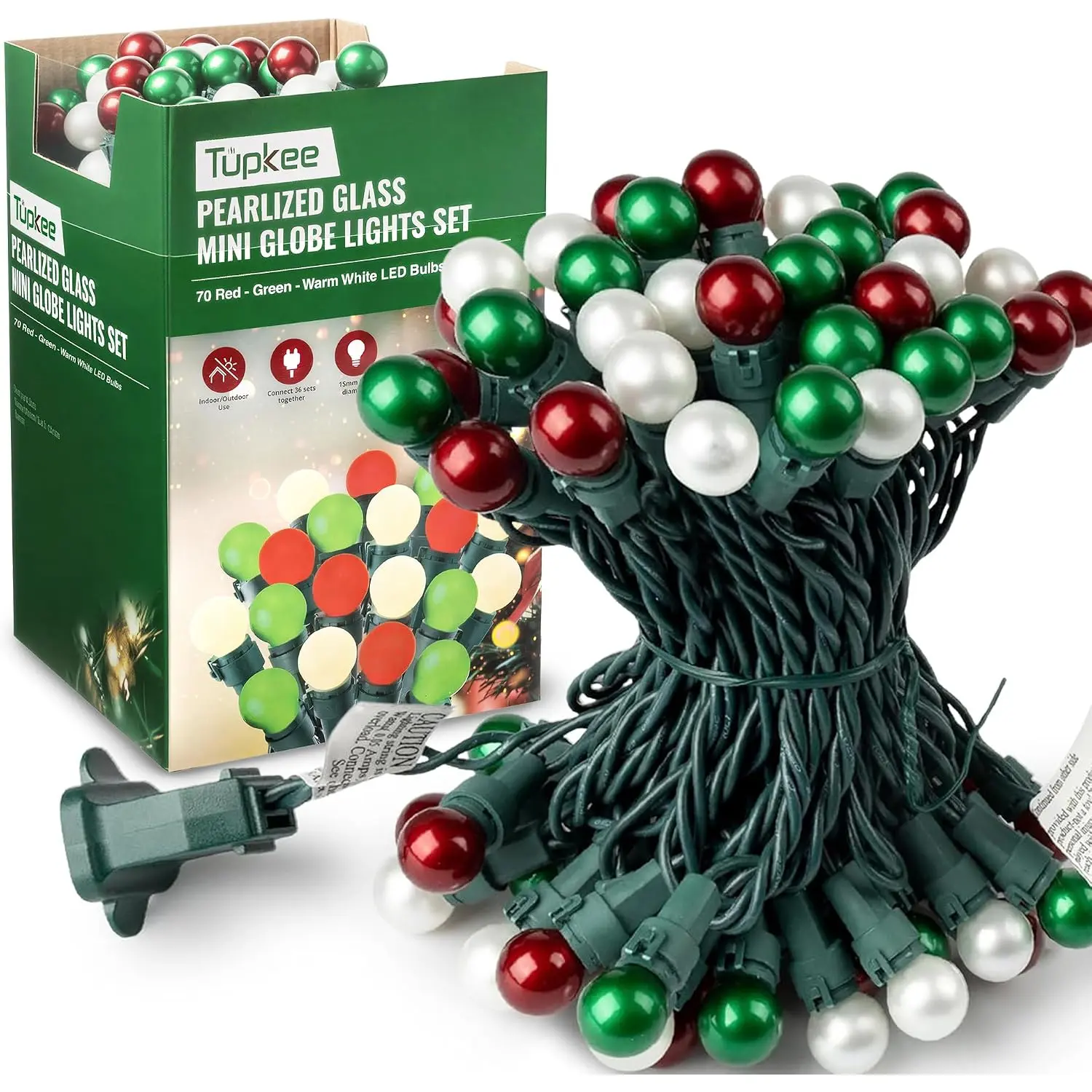 Pearlized Glass Mini Globe Lights Set - 70 G15 Red, Green & Warm-White LED Bulbs - Indoor Outdoor - 25.3 Feet Pearl Berry Mini Globe Round Bulb Light String, Christmas Tree Holiday Lights
