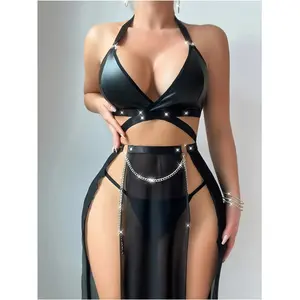 Sexy Black Lingerie Set with Metallic Chain Detail - Deep V-Neck, High Support, No Padding, Hipster Panties, and Garter Belt for Women, Intimate Apparel | Vneck Design | Chain Detailing, Lingerie Sets