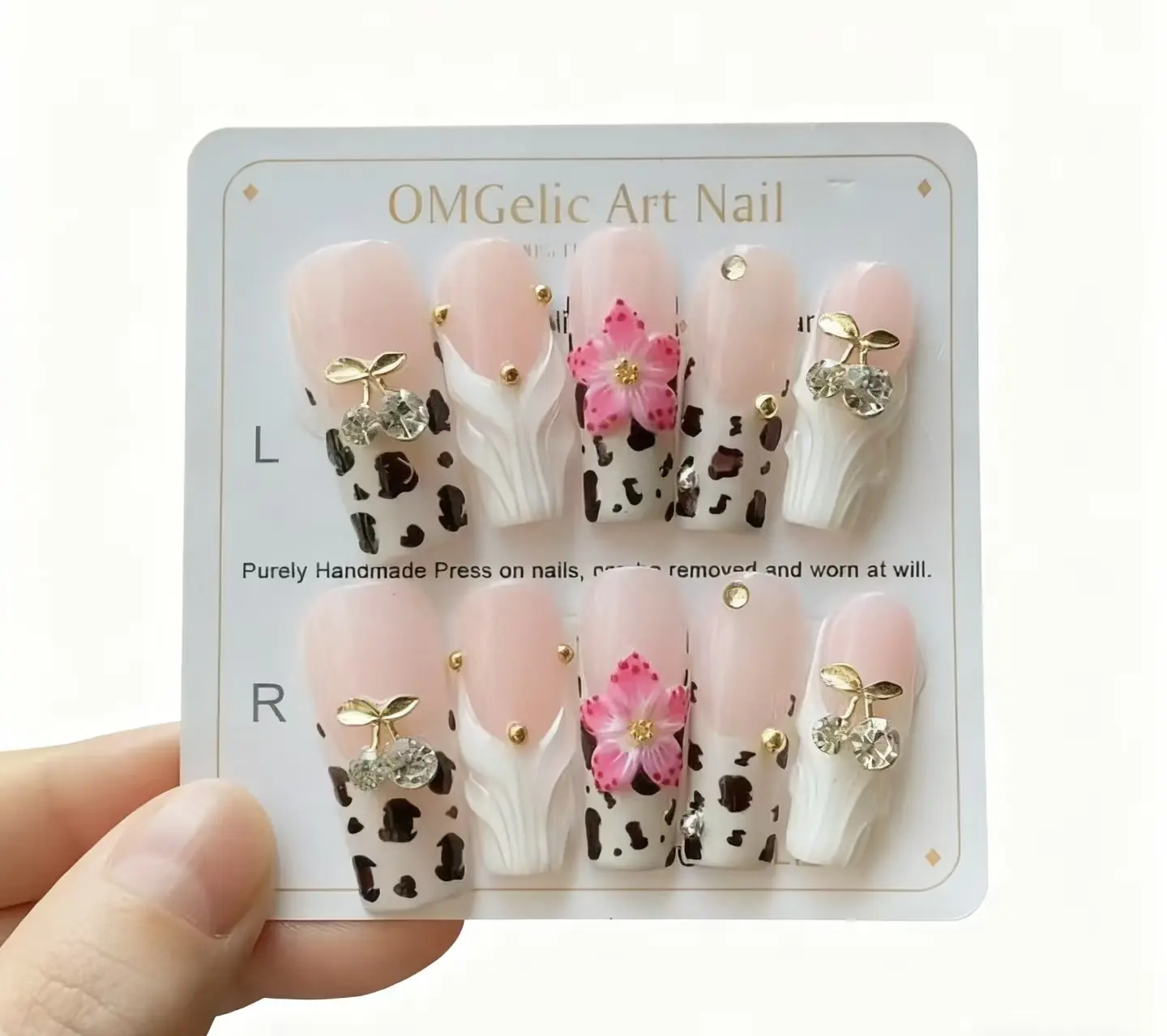“Handmade Pink Bow Pearl Press On Nails - OMGelic Art Cute 3D Design, Reusable Fake Nails for Fashionistas, Perfect for Date & Party Looks”