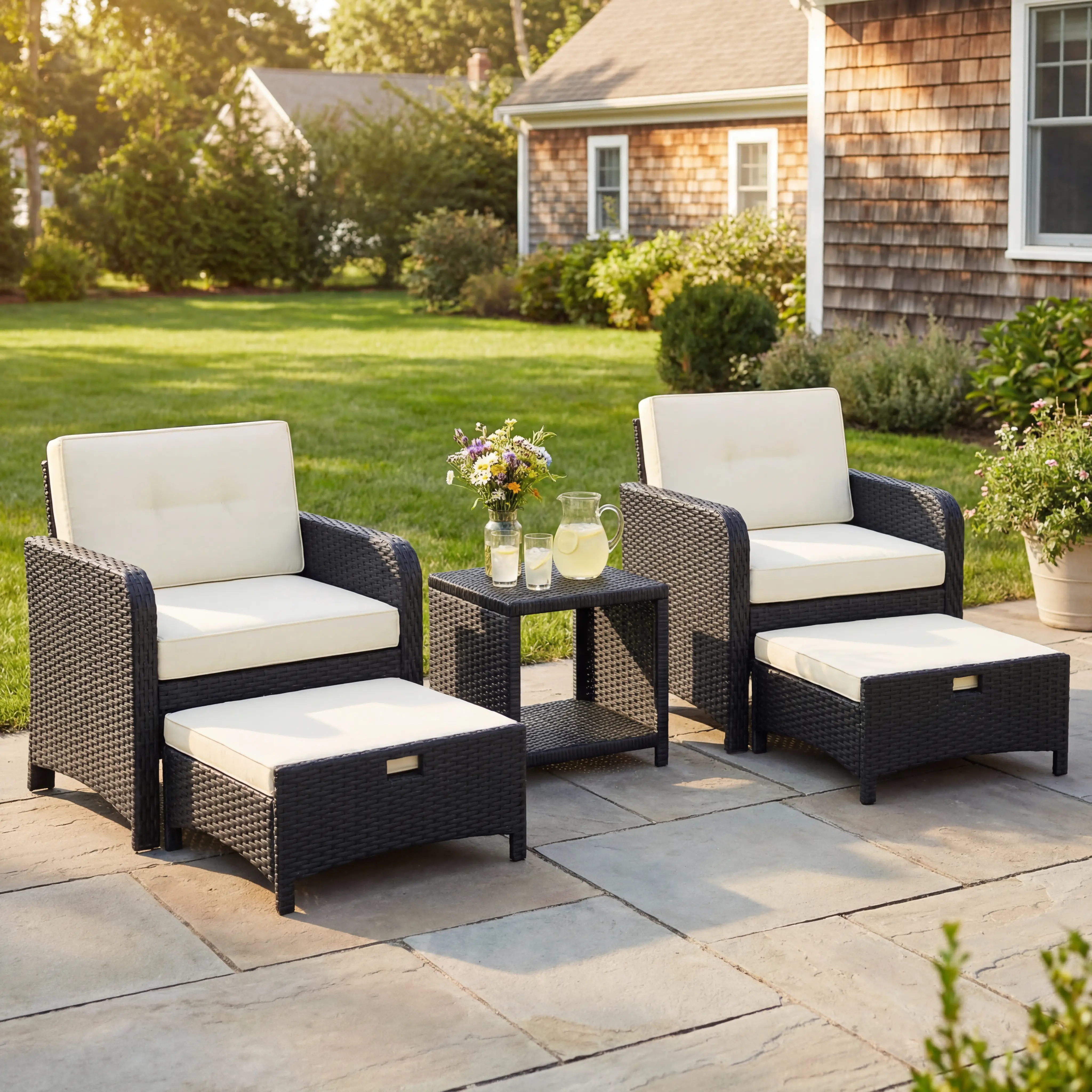 【2 Packages】Costoffs 5-Piece Outdoor Patio Furniture Set: Wicker chairs & Ottomans with Side Table - for Backyard, Porch & Garden
