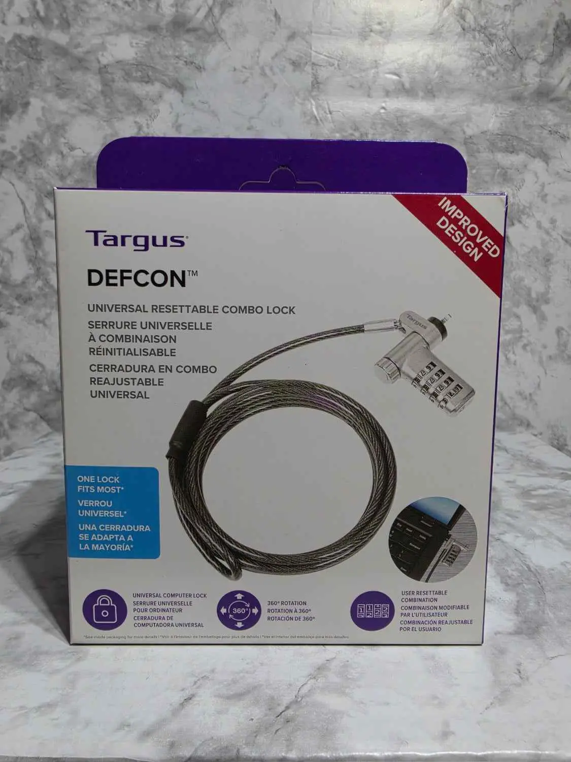 1x Targus DEFCON Universal Resettable Combo Lock - Model ASP106, 3-in-1 Universal Lock Head, 360-Degree Rotation, 4-Digit Dial, 6.5ft Cable Laptop Security Padlock