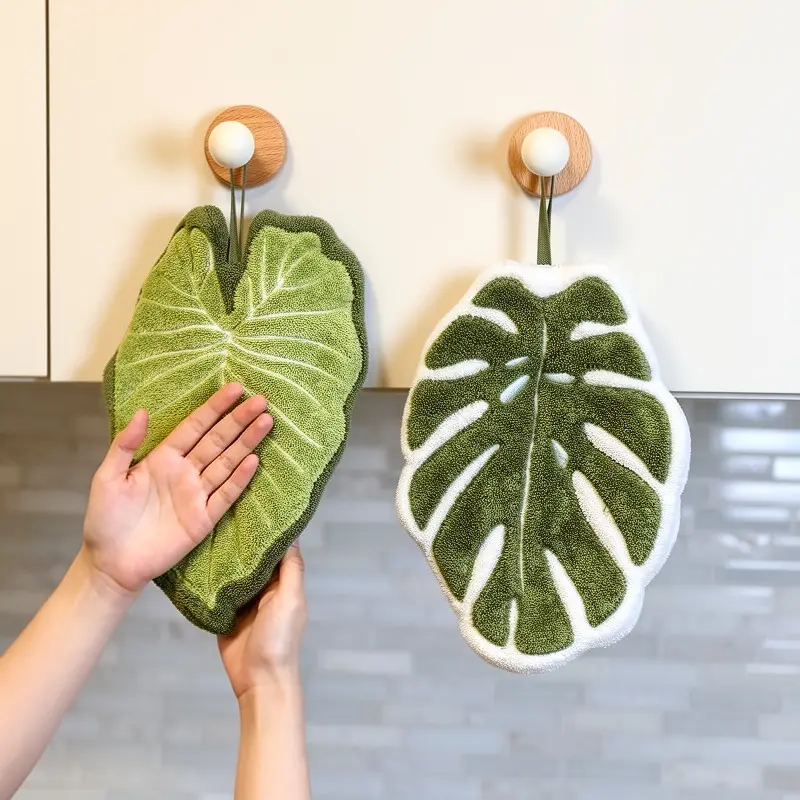 2 Pack Monstera Hand Towels – Hanging Coral Fleece Kitchen Towels, Absorbent Lint Free Plant Theme for Home Use