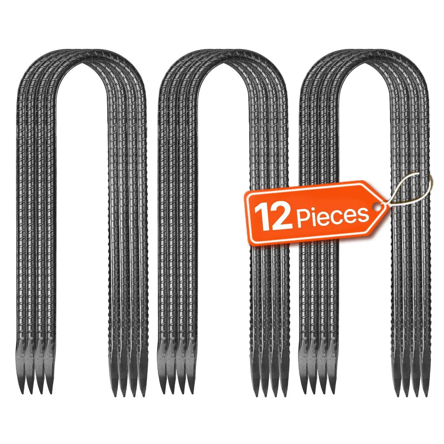 【SummerFinds】VEVOR 12-Piece Galvanized Steel U-Shaped Rebar Stakes, 10-in Heavy-Duty 0.32-in Diameter Rust-Resistant Black Electrophoretic Coating Ground Anchors with Chisel Point End for Tents, Easy Setup Double Rust Protection Deeper Anchoring