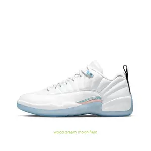 White Low-Top Retro Basketball Shoes with Pure White Leather Upper, Ice Blue Translucent Outsole and Iridescent Accents