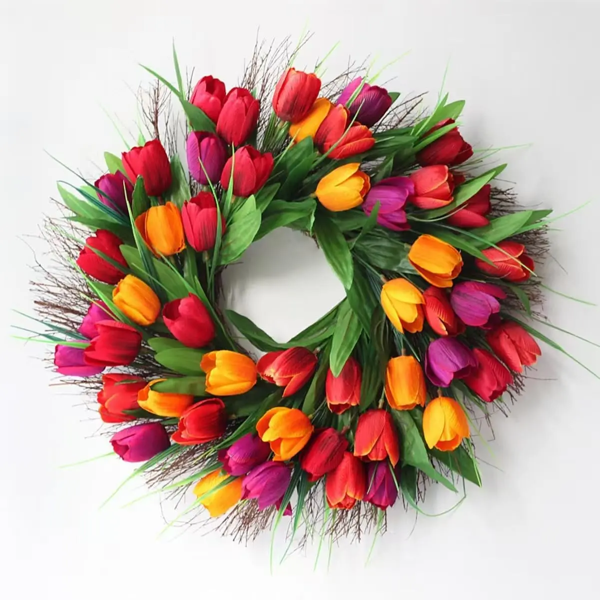 18-in Lifelike Red Tulips Farmhouse Front Door Wreath - Lightweight Decorative Wreath with Red Tulips, Green Leaves, Metal Frame Plants, Daily Indoor-Outdoor Use for Rustic Home Decor, Back to School Ideal Mother's Day Gift