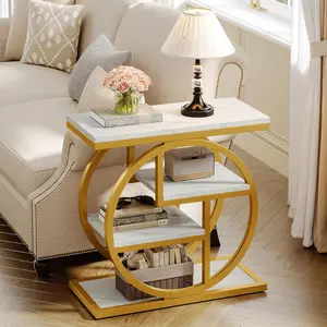LITTLE TREE End Table for Living Room, Modern Faux Marble Narrow Side Table with Storage Shelves, 4-Tier Bedside Table for Bedroom, Small Sofa Side Table with Geometric Metal Frame circle base