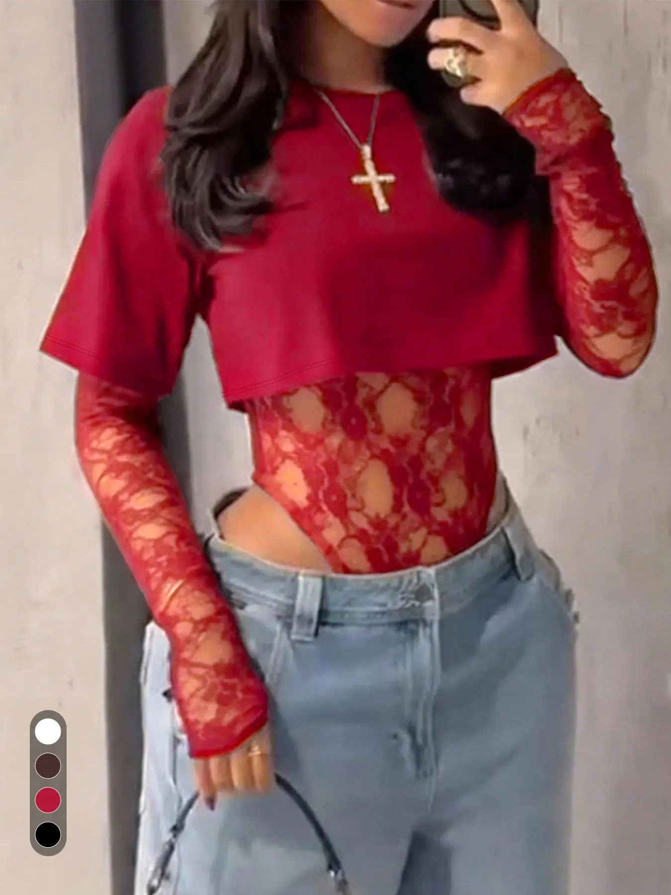 Solid Color Short Sleeve Crop Tee & Sheer Lace Bodysuit 2-Piece Set, Slim Fit Sexy Clubwear for Nightlife, Women's Fashion Two-Piece Womenswear