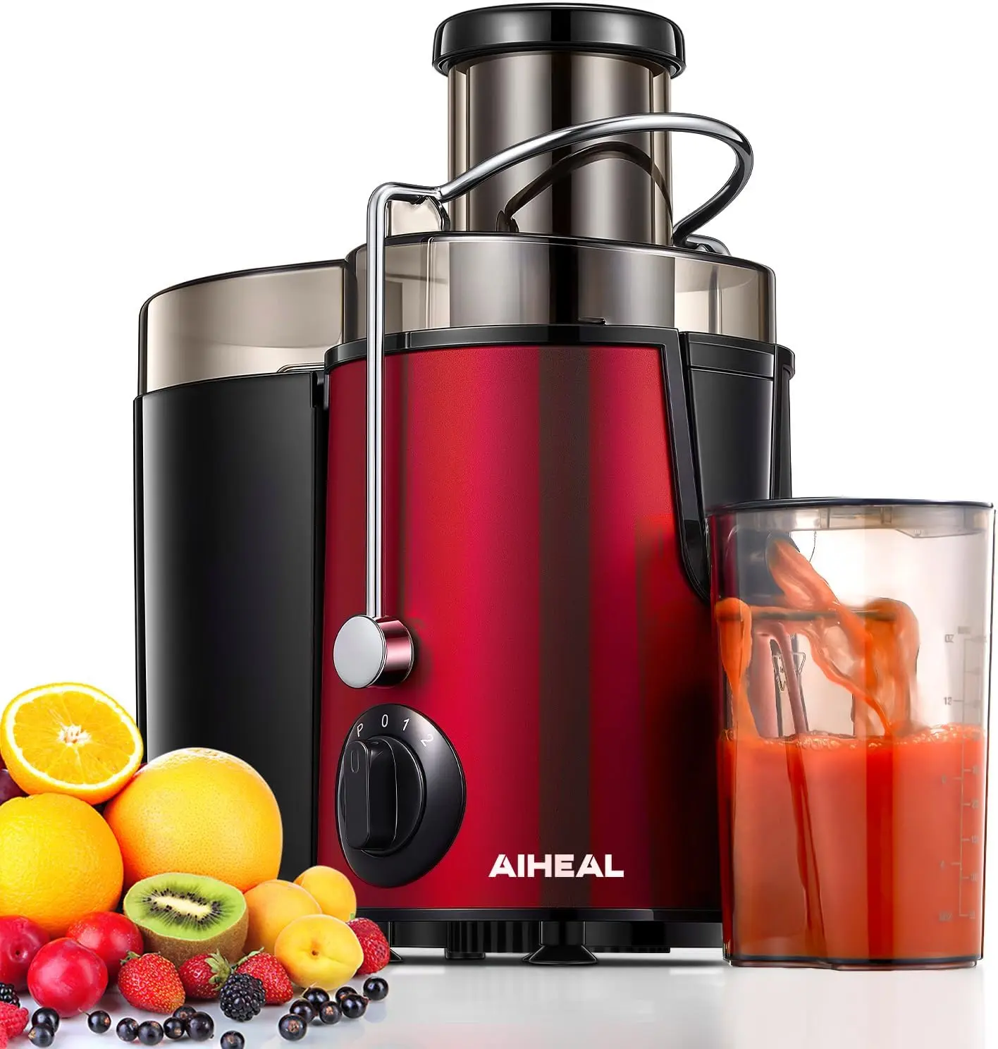 Aiheal Centrifugal Household Juicer Blender - 3-Speed Motor, 3'' Feed Chute for Whole Fruits & Vegetables, 1.6L Capacity, Food-Grade Stainless Steel, Pulse for Stuck, Easy Clean with Brush & Recipe Book, Red