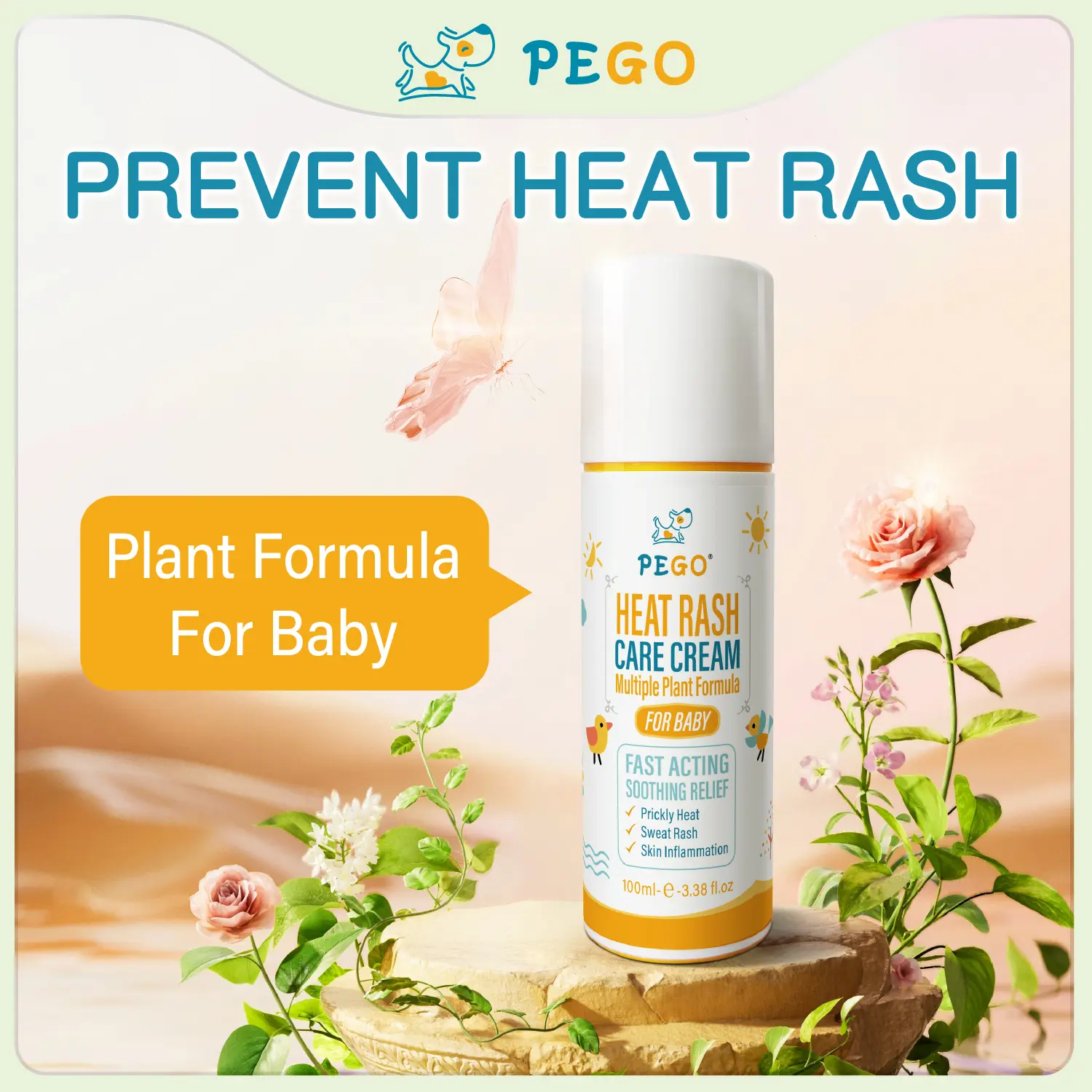 PEGO Prickly Heat Powder，Prevents Prickly Heat, Heat Rash, and Skin Redness, Relieves, Soothes, and Prevents Baby Skin Discomfort, Natural Baby Powder Care Cream，3.38 oz