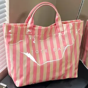 Striped large-capacity makeup bag - Waterproof PVC glossy hand-held storage bag - Insulated, color-blocked letter print - Travel skincare and makeup storage bag - Student-friendly portable toiletry bag Cosmetic Bag
