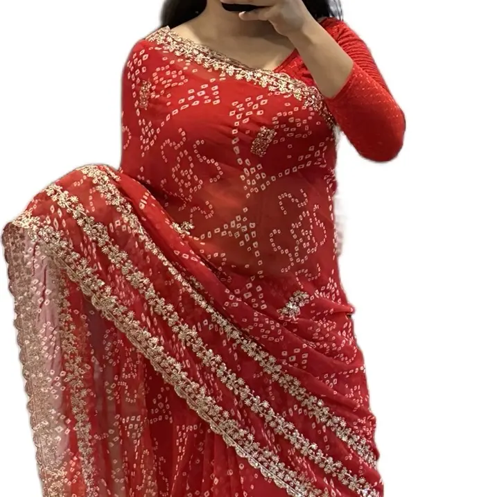 Classic Bandhani Chunari Saree with Thread Work and Falls, Elegant Women's Clothes for Parties and Formal Wear, Costumes, Cultural Events, Elegance, Traditional, Embroidery, Chunari Fabric, Party, Dress, Print, Threadwork, Picco Detailing