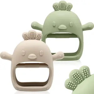 2 Packs Baby Teething Toy for 0-6 & 6-12 Months Food Grade Silicone Teething Mitten Anti Dropping Wrist Hand Teethers Baby Chew Toys for Sucking Needs BPA Free Green & Caramel