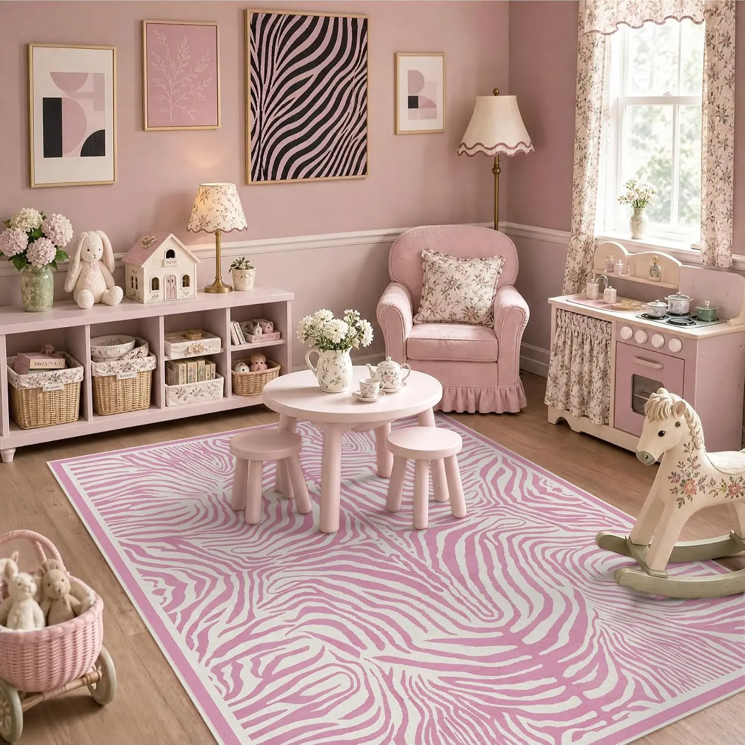 Tribesigns 5x7 Pink Zebra Print Washable Rug for Girls Bedroom Nursery | Soft, non-slip, low-pile abstract animal area rug for living room, dorm, kids playroom, boho decor, includes 4 rug grippers