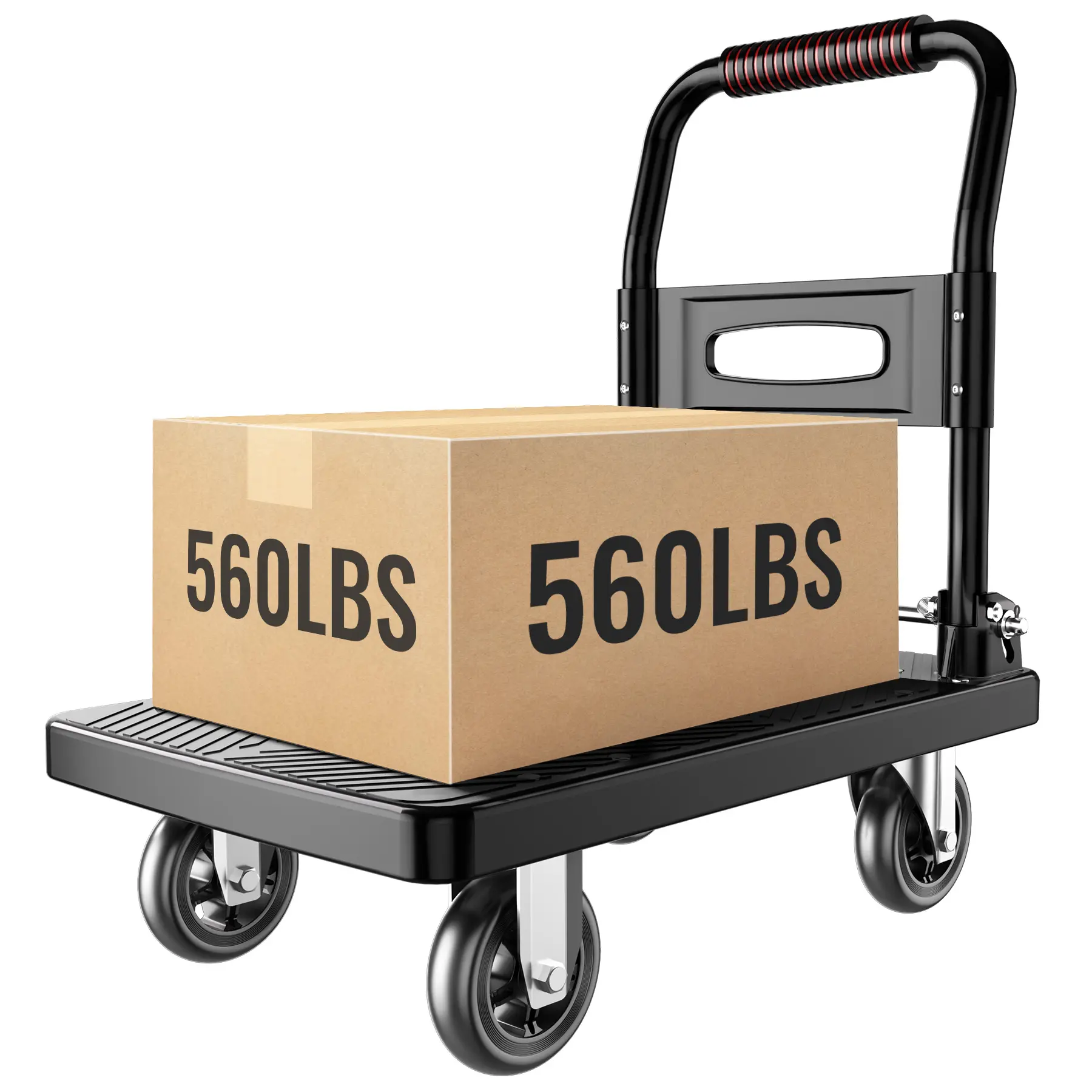 Upgraded Foldable Push Cart Dolly,560 lbs. Capacity Moving Platform Hand Truck,Heavy Duty Space Saving Collapsible,4‘’ TPR 360-Degree Silent Wheels,2 Swivel Wheels and 2 Fixed Wheels Adjustable Length Lock Adjustable Removable Straps