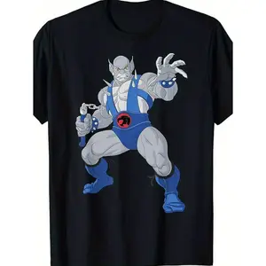 Men's ThunderCats Panthro Graphic Oversized T-Shirt - Cotton Loose Fabric, Dark Blue Cartoon Character Print, Short-Sleeve Round Neck, Breathable, Machine Washable Menswear Streetwear Top, All-Season Casual Apparel,summervibes