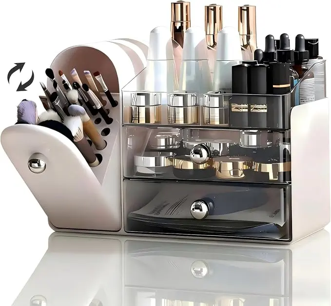 Large Makeup Organizer for Vanity – Cosmetic & Skincare Storage with Brush Holder, White