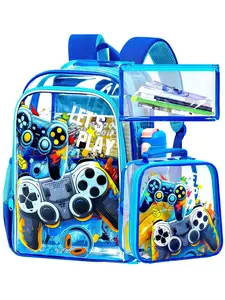 3PCS Clear Game Controller Backpack Set for Boys, Transparent School Backpacks with Lunch Bag, Gamer Print Let's Play, Perfect for School & Travel