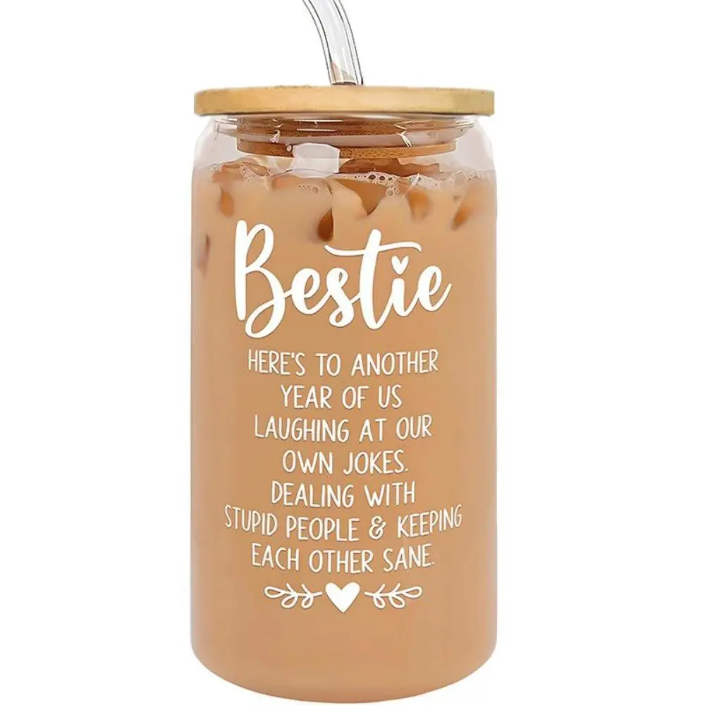 Bestie Glass Cup, Transparent Glass Cup with Lid and Straw, Drinking Cup Gift for Home Office, Party Gift for Best Friend, Drinking Glassware