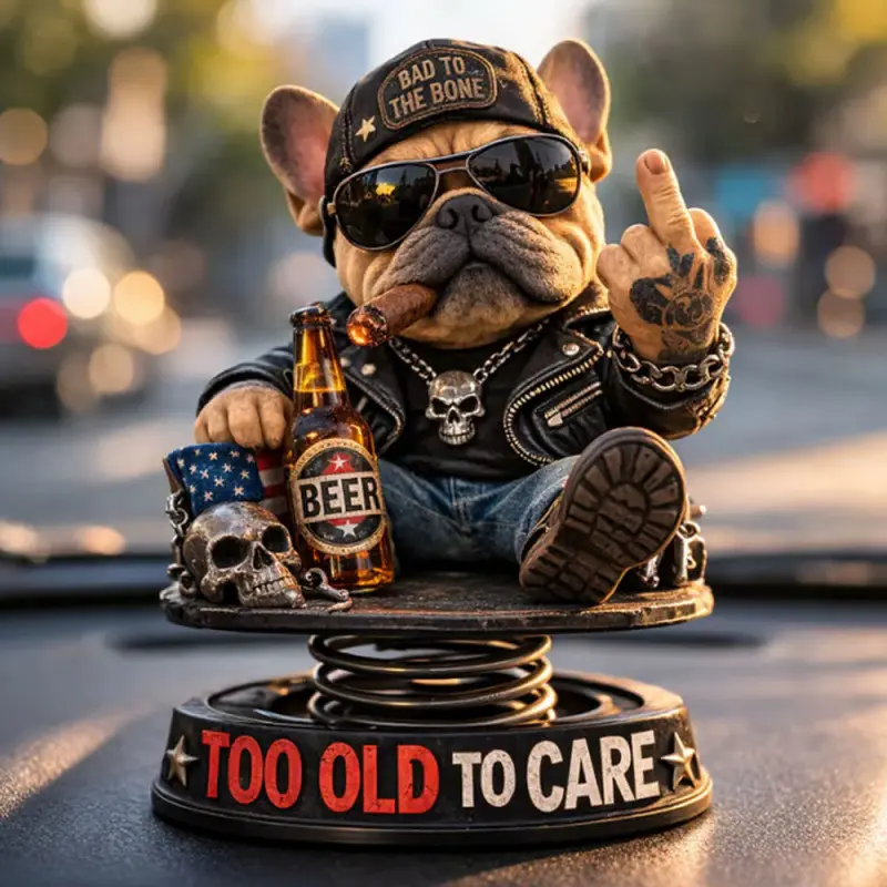 1pc Bad to the Bone Bulldog Car Dashboard Ornament  Spring-loaded biker bulldog figurine with 'Too Old to Care' base, perfect for car decor & dog lovers